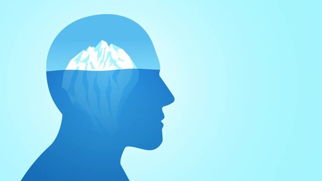 The iceberg inside a human head, a metaphor for conscious vs unconscious thoughts, hidden emotions, psychology, and the subconscious mind.