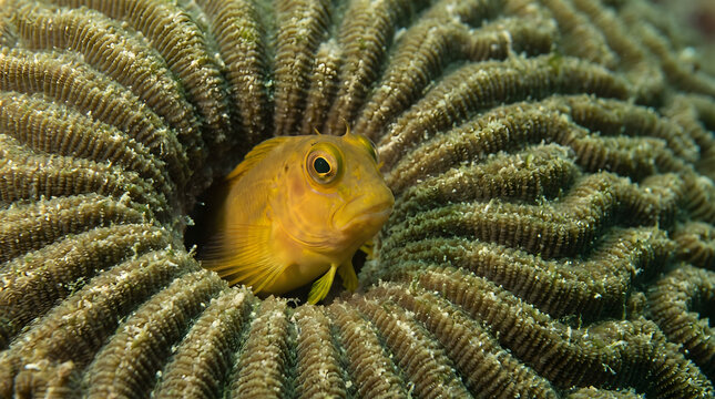 Yellow blenny fish peeking out from brain coral hole underwater