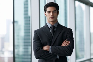 Fototapeta premium Confident indian businessman in suit standing with arms crossed in modern office interior