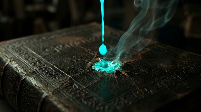 Glowing blue magic liquid burning through an ancient leather grimoire cover with smoke for halloween fantasy alchemy spell book concept