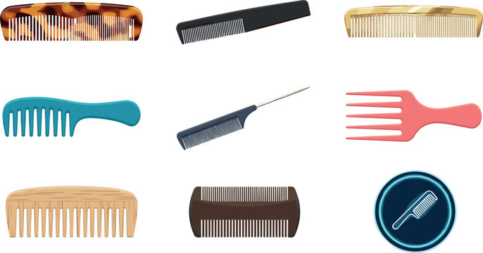 Hair Comb and Pick Vector Icon Set Featuring Various Styles Textures and Materials Including Wooden Tortoiseshell Wide Tooth and Tail Combs for Salon Designs