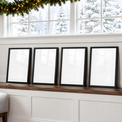 Fototapeta premium Christmas Frame Mockup, Elegant Holiday Interior Wall Art Display with Festive Decor, Tree and Realistic Glass Reflection