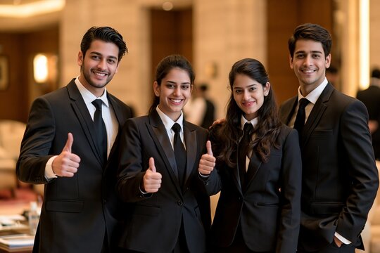 Group of four happy young business professionals in formal suits showing thumbs up together
