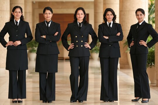 Group of professional women in black business suits standing together in a hotel lobby