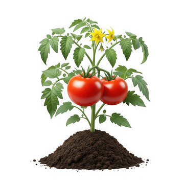 Fresh red tomato plant growing in a pile of fertile soil