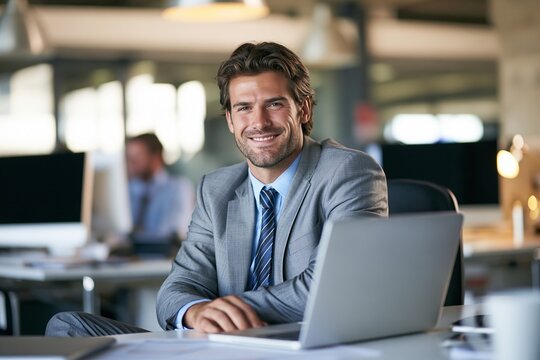 Handsome businessman smiling while sitting at desk with laptop in modern office interior
