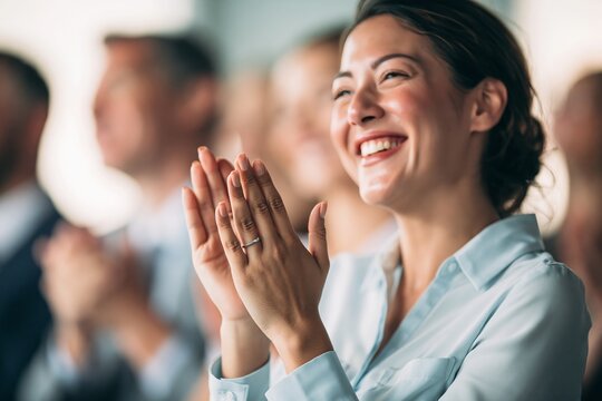 Happy woman clapping hands in audience with cheerful expression during a seminar conference event