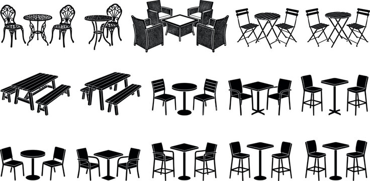 Outdoor Furniture Silhouette Set Featuring Patio Tables Chairs Picnic Benches and Bar Stools for Cafe Restaurant Garden and Backyard Landscape Designs