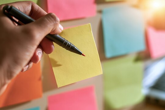 Person holding black pen ready to write on yellow sticky note with colorful memo pads background