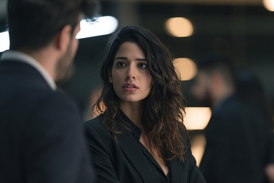Serious young business woman listening to a male colleague in modern corporate office setting