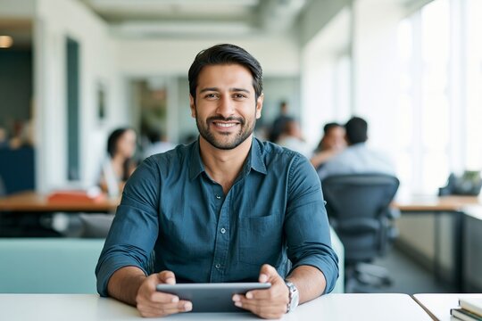 Smiling indian businessman holding a digital tablet while sitting at a desk in a modern office