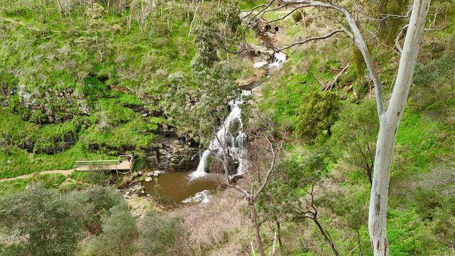 Morialta Conservation Park, South Australia &ndash; 4K aerial drone view of Third Falls, waterfall, rocky gorge, native forest, hiking trails and scenic Adelaide Hills wilderness landscape