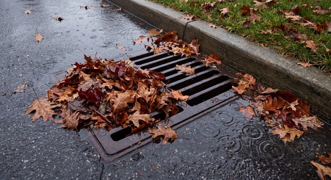 Autumn leaves clogging storm drain during heavy rainfall on wet urban street pavement