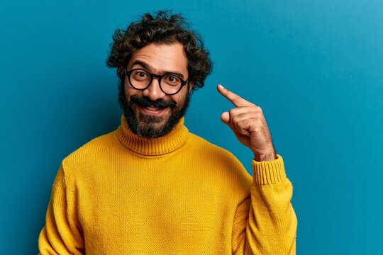 Smiling man pointing at his head with finger against a vibrant blue studio background