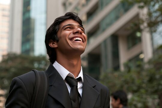 Smiling young businessman looking up while standing outdoors near modern office buildings