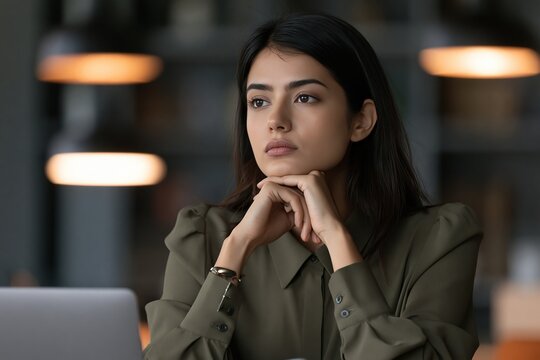 Thoughtful businesswoman resting chin on hands thinking about project strategy in modern office
