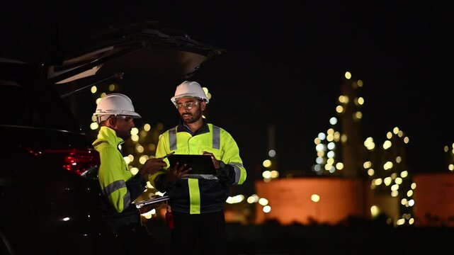 Engineer wear uniform and helmet stand workplace hand holding tablet and laptop computer, survey inspection team work plant site to work with night lights oil refinery background.	