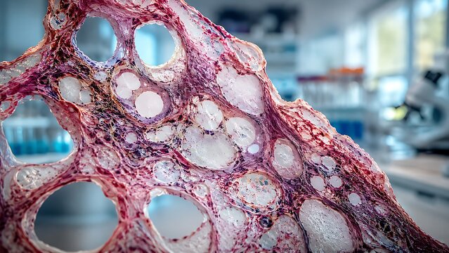 Detailed adipose tissue histology showing mature fat cells and connective tissue structure
