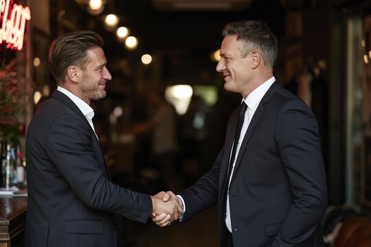 Two businessmen shaking hands in an office setting while smiling and greeting each other