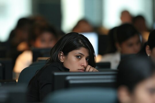 Tired young woman looking at a computer screen in a busy office with colleagues in the back