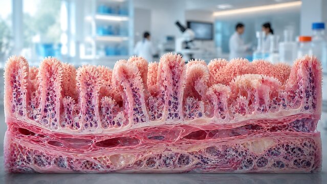 Detailed intestinal mucosa showing villi, epithelial lining, and underlying tissue layers