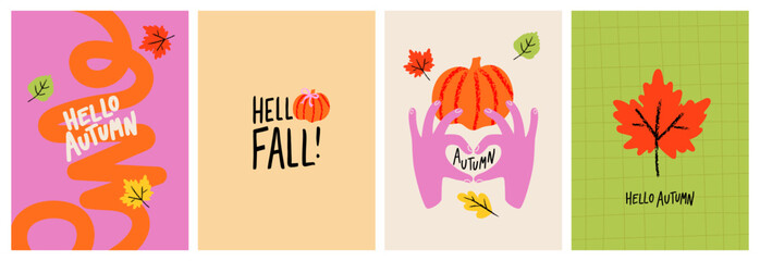 Naklejka premium Playful autumn collection with pumpkins, colorful leaves, hand drawn typography and modern doodle illustrations. Seasonal templates for cards, posters, branding, packaging and social media.