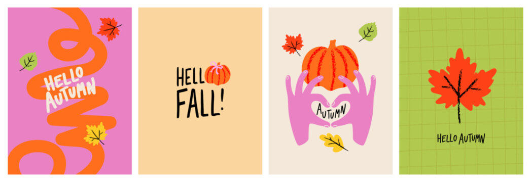 Playful autumn collection with pumpkins, colorful leaves, hand drawn typography and modern doodle illustrations. Seasonal templates for cards, posters, branding, packaging and social media.