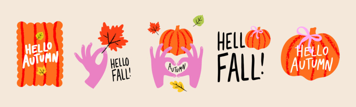 Playful autumn collection with pumpkins, colorful leaves, hand drawn typography and modern doodle illustrations. Seasonal templates for cards, posters, branding, packaging and social media.