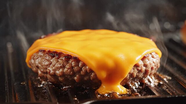 Sizzling burger patty on a warm grill with melting cheese captured in slow motion, tasty.