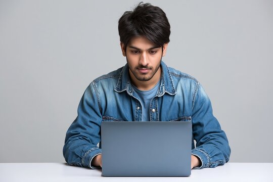 Young south asian man typing on a laptop computer against a plain grey studio background
