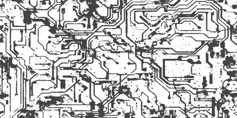 Naklejka premium Abstract circuit board pattern with distressed texture and grunge elements in monochrome for technology backgrounds
