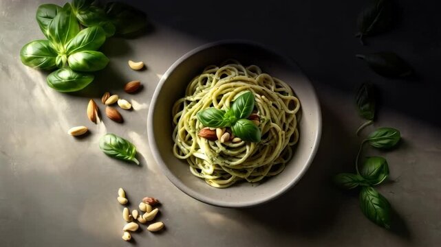 Basil Pesto Pasta with Nuts in Ceramic Bowl on Dark Surface, Food Cuisine