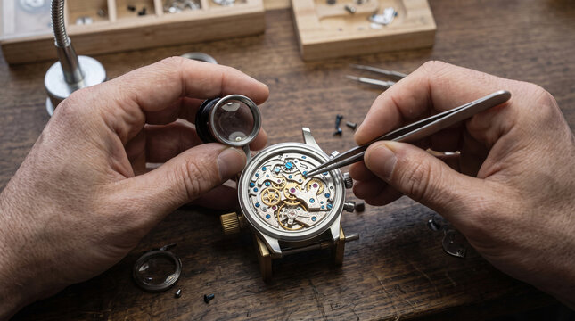 An extremely close-up shot of an unidentified watchmaker using precision tweezers and a magnifying glass to carefully repair the intricate mechanical gears of a wristwatch on a professional machine.