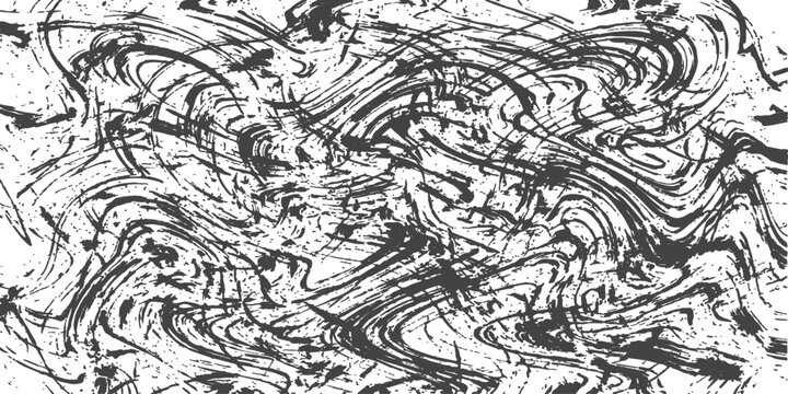 Abstract monochrome paint splashes and swirls on white background with textured grunge effect for graphic design