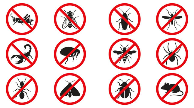 Pest control vector illustration set featuring black insect silhouettes inside red prohibition signs for effective home sanitation signage design concepts