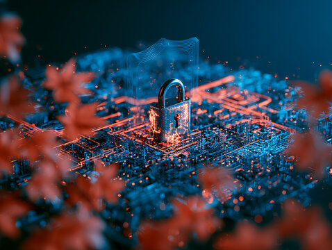 Digital lock stands on a circuit board surrounded by red leaves signifying protection in a tech-inspired environment