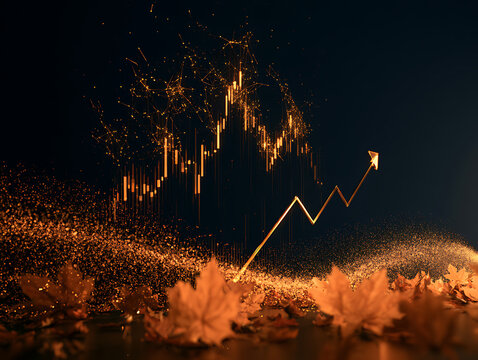 Chart shows rising trends in financial market with autumn leaves in foreground