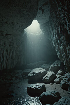 Sunlight Beams Shining Through Opening of Dark Cave Interior