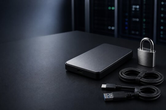 Secure offline data backup with external drive and padlock