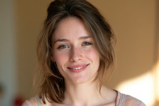 Cheerful head-and-shoulders portrait of a relaxed young woman