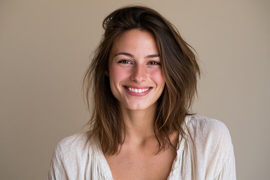 Cheerful head-and-shoulders portrait of a smiling woman with warm lighting