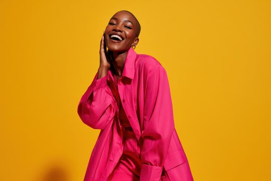 Cheerful woman in pink clothing smiling on a vivid yellow background in studio