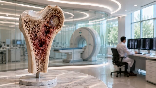 Detailed bone anatomy showing a cross-section of cancellous bone and bone marrow