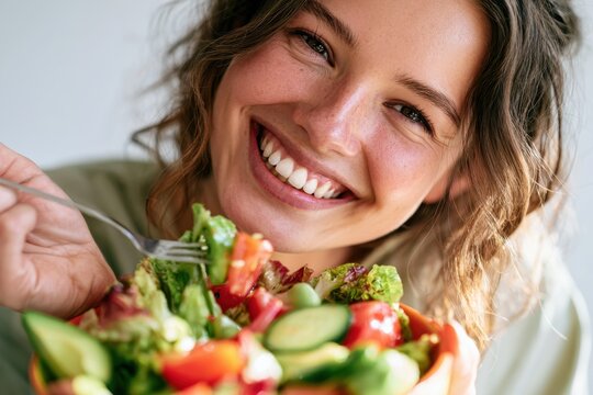 Cheerful woman enjoying a colorful healthy salad in a bright minimalist setting