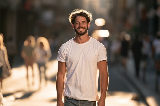 Cheerful young man in relaxed attire posing outdoors with a friendly smile