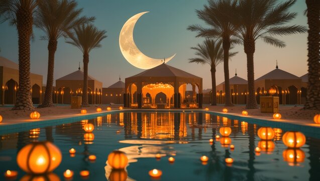 Desert oasis resort pool at night with floating glowing lanterns palm trees and giant crescent moon