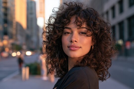 City street portrait featuring a young woman with voluminous curls in warm daylight