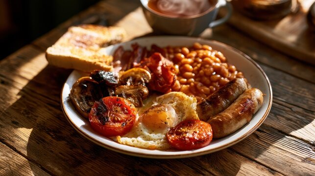 Classic British Breakfast Platter on Wooden Table in Morning Light