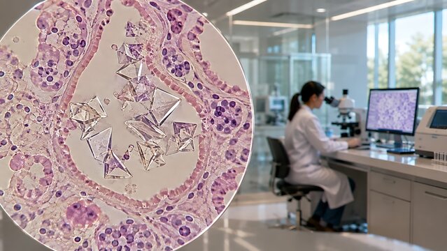 Renal tissue histology showing tubular structures and microscopic crystalline deposits