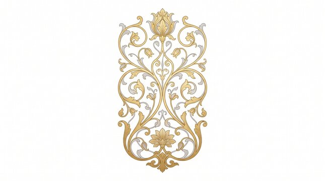 Vintage gold damask ornament, elegant floral scrollwork pattern, luxury baroque filigree design element on white background